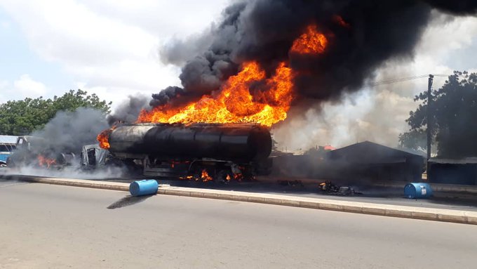 JUST-IN: Petrol Tanker overturns, catches fire in Lagos