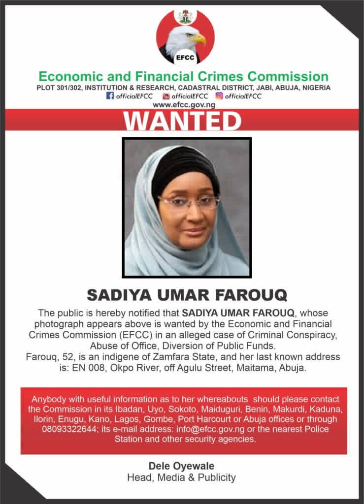 EFCC declares former minister Sadiya Umar Farouq wanted over alleged fraud